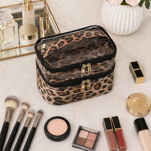 Double-layer Cosmetic Bag Makeup Bag Travel Makeup Bag Makeup Bags for Women Cosmetics Cases Portable Waterproof Foldable (Leopard) - color: 00-Brown