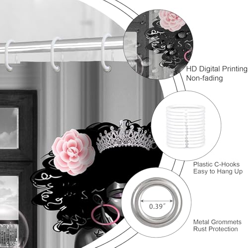 4Pcs African American Shower Curtain Sets with Rugs, Black Girl Shower Curtain for Bathroom Decor Sets with Paris Eiffel Tower Art Pattern, Grey Waterproof juego de baño, with 12 PCS Hooks - color: Grey
