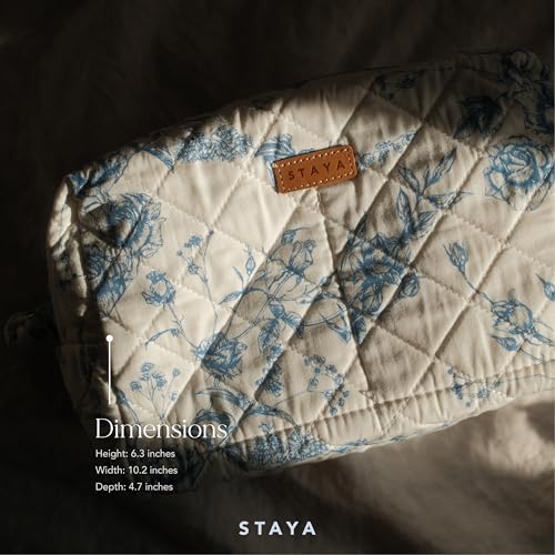 Staya Quilted Makeup Bag for Women – Cotton Travel Cosmetic & Toiletry Pouch, Small Aesthetic Organizer for Purse & Carry-On (Coastal Grandma) - color: Coastal Grandma