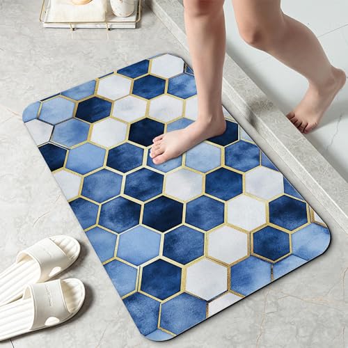 Blue Marble Bathroom Mat, Non-Slip Rubber Backing Thin Low-Profile Bath Rug, Easy-Clean Bathroom Floor Mat for Shower, Bathtub, Kitchen, or Entryway - color: Blue