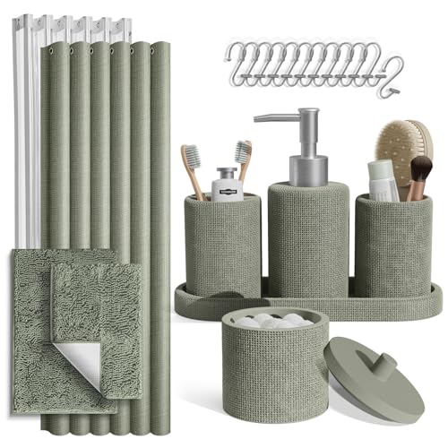 Clara Clark Sage Green Bathroom Set - Bathroom Sets with Shower Curtain and Rugs, 21PC Bathroom Accessory Set, Shower Curtain Set with Soap Dispenser & Toothbrush Holder - color: Sage Green, size: Complete Set + Bath Rugs