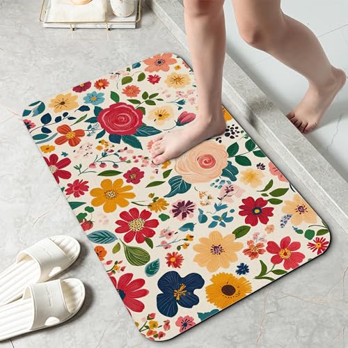 Vintage Red Flowers Bath Mat 29.5"x17", Slim Low-Profile Fast Drying Super Absorbent Bathroom Rug with Non-Slip Backing, Easy-Clean Modern Floor Mat for Tub, Shower, or Entryway - color: Vintage Red Flowers