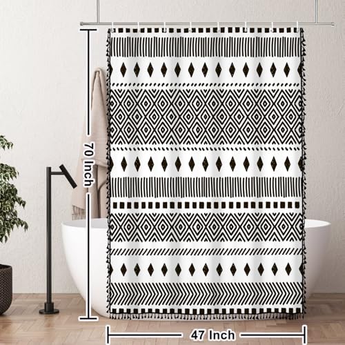 AOFOTO Bohemian Shower Curtain Black and White Geometric Design Shower Curtains with Black Tassel Boho Pattern Shower Curtains for Bathroom Waterproof Fabric Bath Curtain Sets with Hooks 48x72 Inches - color: Black Stripe, size: 48"W x 72"L (Pack of 1)