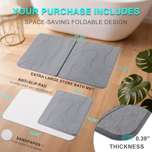 Stone Bath Mat, Foldable Non-Slip Stone Bath Mats for Bathroom 24"x16", Absorbent Quick Dry Diatomaceous Earth Bath Mat, Magic Stone Dish Drying Mat for Kitchen Counter, Pet & Plant - color: Grey Lines