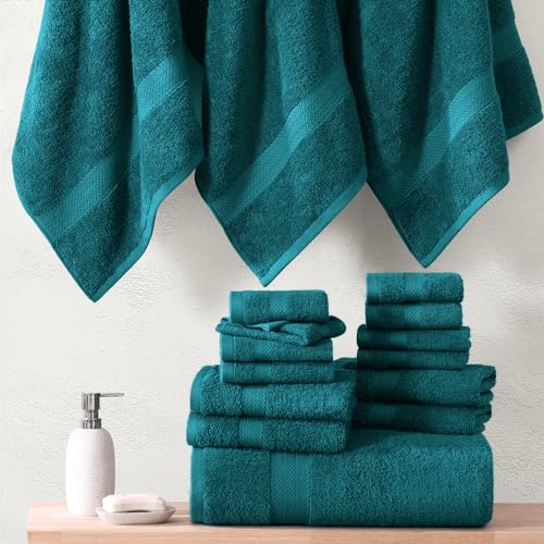 LANE LINEN 100% Cotton Bathroom Towels Set - 18 Piece - Super Soft, Quick Dry & Highly Absorbent - 4 Bath, 8 Washcloth, 6 Hand Towels - Premium Hotel Quality, Ideal for Spa & Salons - Seaport Blue - color: 09: Seaport Blue, size: 18 Piece Towel Set