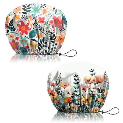 2 PCS Shower Cap Reusable Waterproof Adjustable Double Layer Elastic Dry Hair Bathing Caps Aesthetic Cute for Women Girls-Flower - color: H-9-Flowers