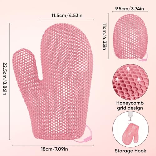 2 Pcs Honeycomb Exfoliating Mitten Set Bath Mitt Honeycomb Face and Body Scrubber Shower Glove for Cleaning Body Shower Face Skin Beauty Spa Quick Drying Pink