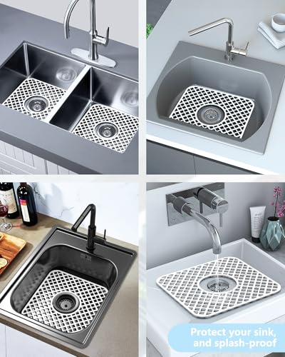 2 Pack Silicone Sink Protector for Kitchen Sink, Trellis Pattern 12 x 11" Sink Grid Mat Silicone Protectors, Center Drain, White - color: White