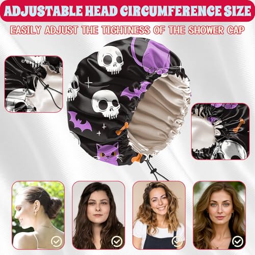 Luxury Shower Cap Satin Lined Reusable Waterproof Double Layer Elastic Adjustable Hair Bath Cap Cute Aesthetic Women Girls-Cat - color: F11-Cat