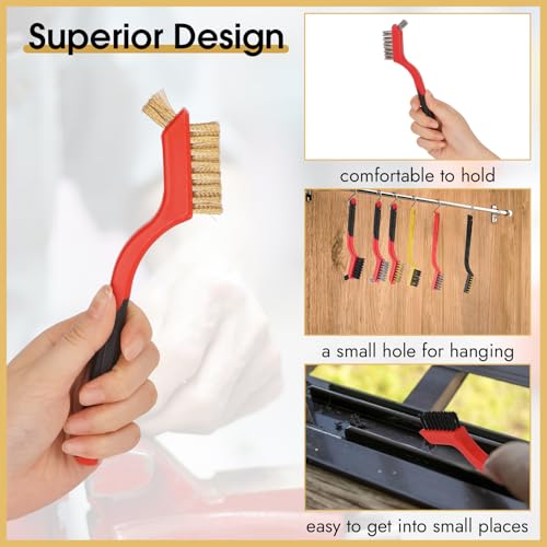 6 Pieces Wire Brushes Set, Small Metal Brass/Stainless Steel/Nylon Brushes for Cleaning Metal Rust Remover and Paint Removal - color: Red+3 Mixed Color