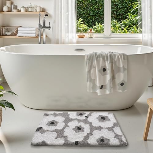 LUMI Bathroom Rugs Cute Floral Design, Soft Absorbent Microfiber Bath Mat Non-Slip, Machine Washable Quick Dry Grey Luxury Rug Flower for Floor, Bathtub, Home Decor, 24"x36" - color: C-white Flower, size: 24"x36"