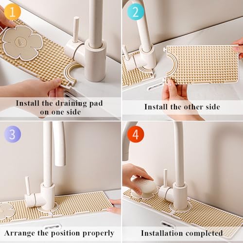 Faucet Mat for Kitchen Sink Splash Guard, 15 Inch Long Faucet Draining Mat, Detachable Kitchen Sink Faucet Mat with Adjustable Tube Holes, Soap Sponge Holder Faucet Handle Drip Catcher Tray Mat