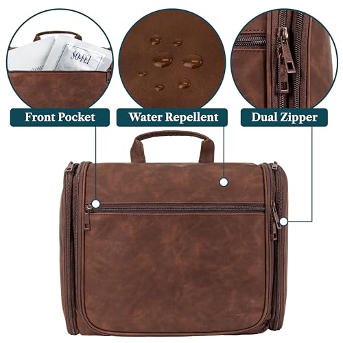 PAVILIA Large Hanging Toiletry Bag for Men Women, Travel Toiletry Organizer with 10 Compartments, Swivel Hook and 3 Leakproof Pockets, Water Resistant Shaving Kit Case, Packs Flat, Brown - color: Brown