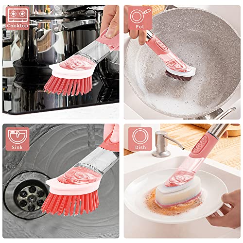 Dish Cleaning Brush, Soap Dispensing Dish Brush Set with 4 Replacement Heads and Storage Holder, Kitchen Scrub Brush for Dish Pot Pan Sink Cleaning (Pink) - color: Pink
