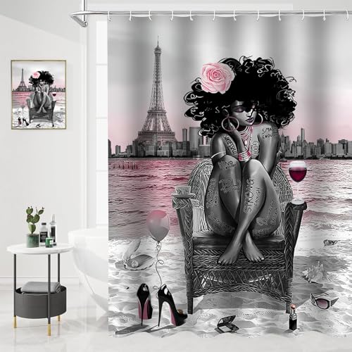 5Pcs Black Girly Bathroom Sets with Rugs and Wall Painting, Pink and Black African American Shower Curtain Set with Rugs, Parisian-Style Modern Wall Decor, Bathroom Shower Curtain and Rug Set - color: 5pcs Pink With Decor Painting