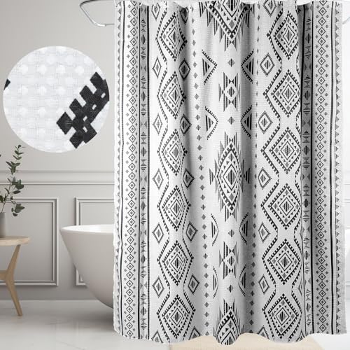 HunnmingRe Western Shower Curtain Waffle Southwest Aztec Geometric Stripes Fabric Shower Curtain Set with Hooks for Bathroom 72 x 72 Inches Farmhouse Boho Bath Curtains(Black) - color: Black