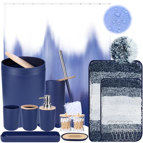iMucci Bathroom Accessories Navy Blue Bathroom Sets with Shower Curtain and Rug, Navy Blue Ombre Waterproof Shower Curtain with Ultra Absorbent Rug Bathroom Accessories Set for Home Decor - size: Bath Set+Shower Curtain+Bath Rug, style: Navy Blue