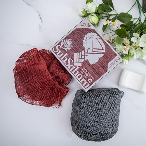 SubSahara Authentic African Net Sponge - 2 Pack Exfoliating Bath & Shower Loofah Sponge for Body & Face, Gentle Scrubber for All Skin Types, Travel, Durable (Gray & Rust Red) - color: Gray & Rust Red
