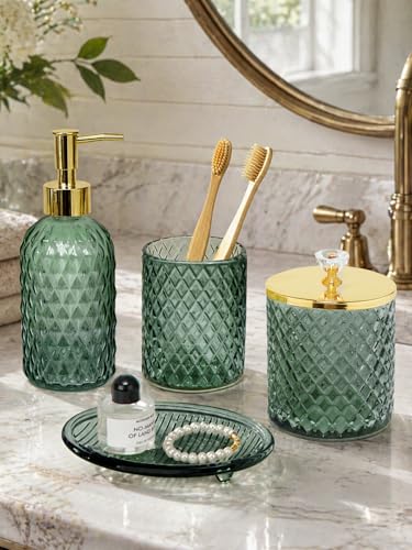 Haturi Bathroom Accessories Set, 4Pcs Sage Green Glass Bathroom Set Complete w/Bathroom Soap Dispenser Set, Toothbrush Holder, Qtip Holder, Soap Dish, Green Bathroom Decor, Gift for Home Apartment - style: Sage Green