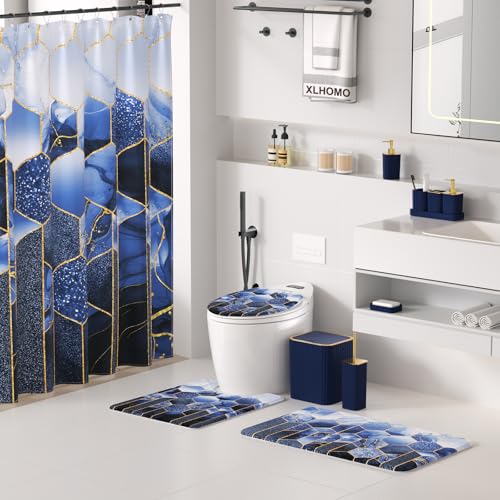 XLHOMO Bathroom Set - 26PC Bathroom Set with Shower Curtain and Rugs, Bathroom Accessory Set, Navy Blue Bathroom Sets, Trash Can & Soap Dispenser - style: Navy Blue&Gold