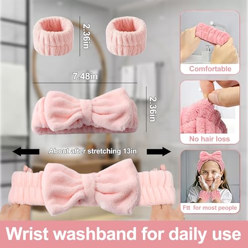 3-Piece Face Washing Set for Women – Coral Fleece Spa Headband & Wristbands Set, Absorbent Makeup Headband and Wrist Cuffs for Skincare, Facial Cleansing, Shower, and Beauty Routine-Pink
