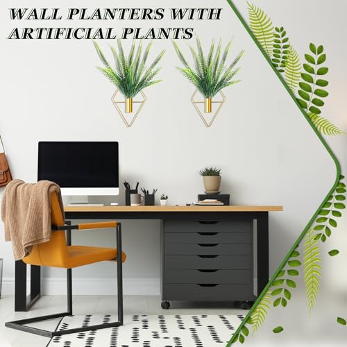 Canlierr 2 Pieces Gold Wall Decor Hanging Planters with Artificial Plants Metal Vase Indoor Plants Holder Modern Geometric Wall Art for Home Bathroom Bedroom Living Room Office(Boston Fern,Large) - color: Gold, size: Boston Fern