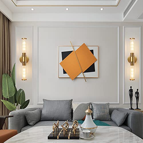 Hardwired Bathroom Light Fixtures, Gold Wall Sconce in Threaded Glass Indoor Wall Sconces, Modern Bathroom Vanity Light Up and Down Sconces Wall Lighting for Living Room, Bulb Not Included - color: Gold-B
