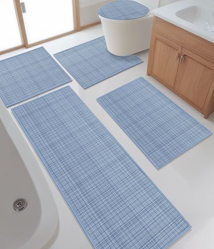 YIHOUSE Bathroom Rugs Sets 5 Pieces, Blue Ultra Thin Bath Mats Fit Under Door, Absorbent Quickly Dry Rubber Backing Braided Bath Mat Set, Non Slip Washable Bath Rugs for Bathroom Floor, Blue - color: Blue Multi, size: 5pieces