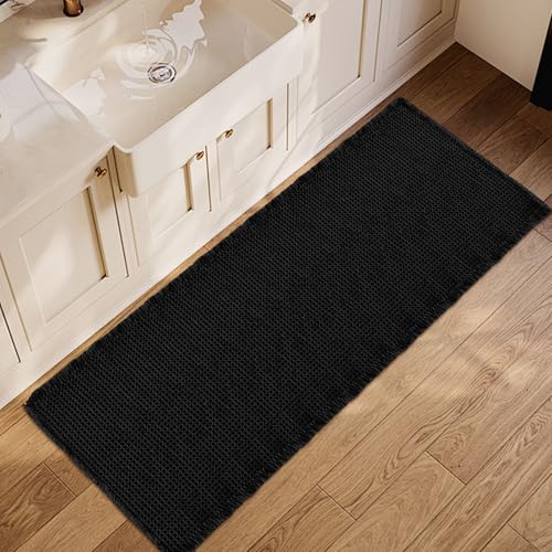ZALL Waffle Bath Mat Black Super Absorbent Non Slip Bathroom Rug,Rhombus Geometric 24X60inch,Machine Washable Ultra Soft Floor Mats - color: Black, size: 24 x 60 inches(Rectangular)