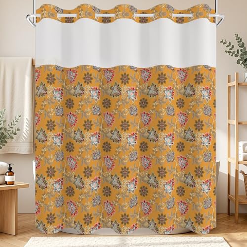 No Hook Shower Curtain with Snap in Liner Set FYLX00238 - color: Boho Floral Paisley