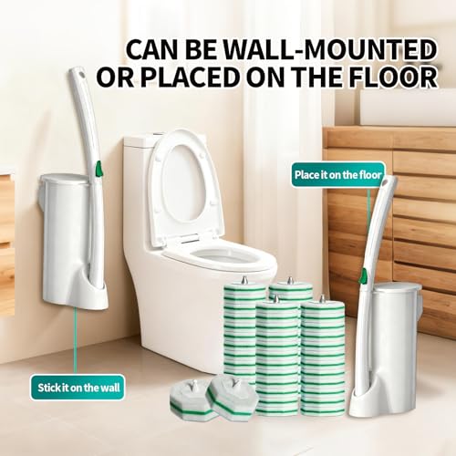 Disposable Toilet Brush, Toilet Bowl Cleaning System with 48 Count Wand Refill, Clean Brush Starter Kit with 1 Toilet Wand, 1 Storage Caddy and 1 wall Sticker (White) - style: Green-Toilet brush+48 refills