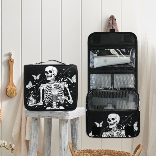 MNSRUU Hanging Toiletry Bag Gothic Skull and Butterflies Travel Makeup bag for Toiletries Portable Travel Toiletry Organizer Cosmetic Bags with Hanging Hook - color: Skull A10819