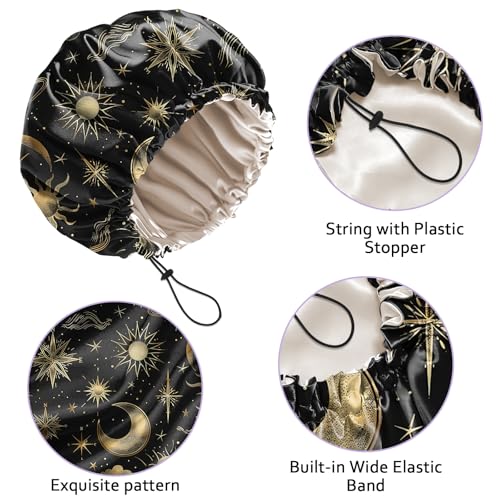 Luxury Shower Cap Silk Satin Lined Waterproof Reusable Adjustable Elastic Dry Hair Bathing Caps Cute for Women Girls-Sun Moon - color: C-10-Sun Moon
