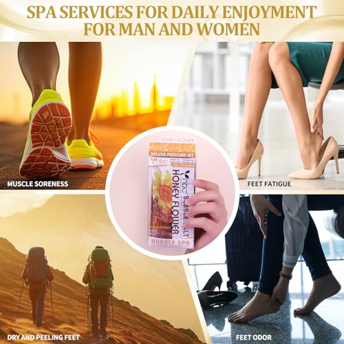 Pedicure Kit Foot Soak Set: Bubble Salt, Sugar Scrub, Massage Mask, Massage Lotion in a Box, 4 Step Foot Spa Kit for Dry Feet, Calluses and Tired Feet(1 Set Honey Flower)