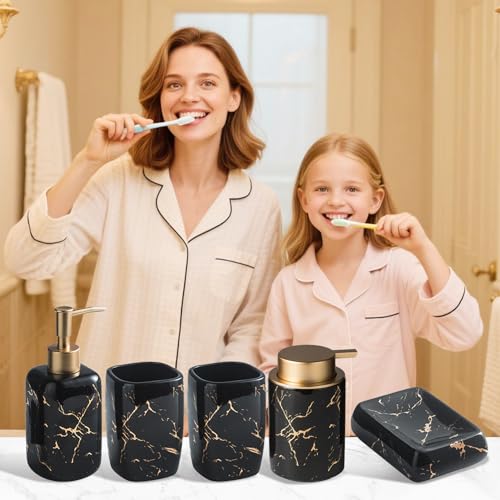 Black and Gold Bathroom Accessories Set, Marble Bathroom Accessories 5 Pieces Ceramic Modern Bathroom Accessories Set with Bathroom Soap and Toothbrush Holder Set, Soap Dispenser, Mouthwash Cups
