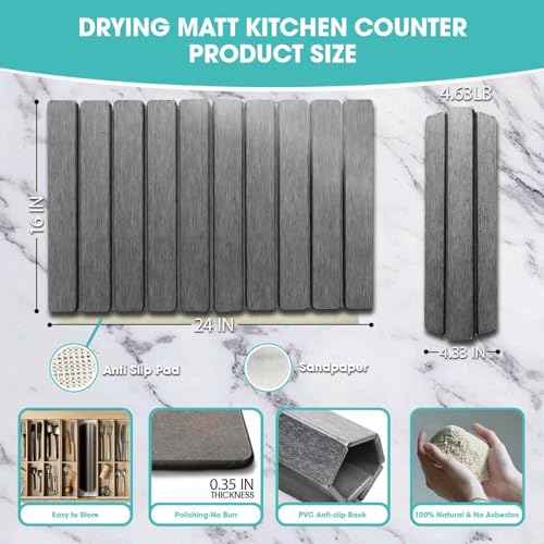 Dish Drying Mat Stone Bath Mat Diatomaceous Earth Stone Drying Mat For Kitchen Counter Sink Bath Mat Quick Dry Non Slip Foldable Dish Drying Rack Mat Large(24"×16" Dark Grey) - size: 24" x 16"