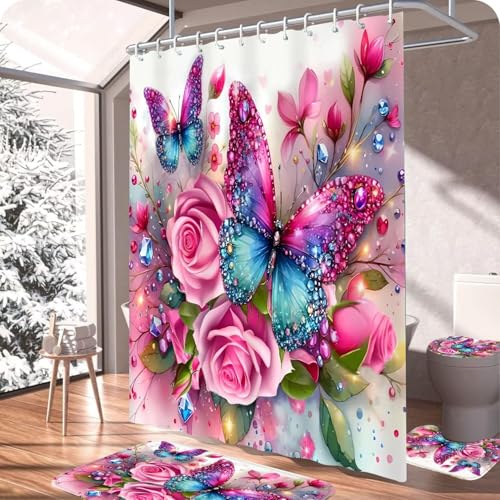 DDQQ 4Pcs Pink Glitter Floral Shower Curtain Set Rose Bathroom Sets Butterfly Diamond Shower Curtain with 12 Hooks Bathroom Decor with Rugs Bath Accessories with Mats Toilet Lid Cover - color: Red