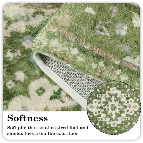 Uphome Vintage Bathroom Runner Rug Sage Green Boho Non-Slip Kitchen Runner Oriental Soft Machine Washable Hallway Rug Tribal Floral Aesthetic Shower Mat for Bedroom Entryway Kids Room, 24x71 inch - color: Sage Green, size: 24x71 inch