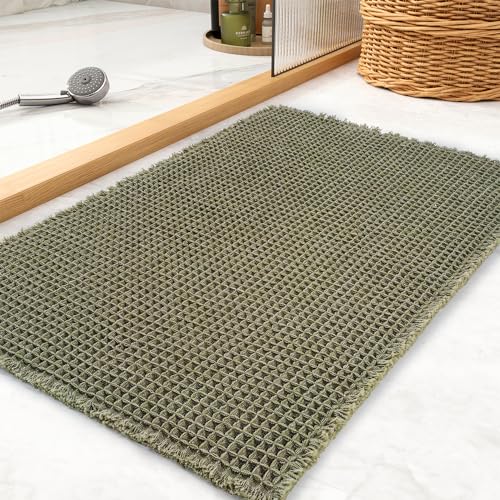 tchdio Waffle Bath Mat, Super Absorbent Non Slip Bath Mat Ultra Soft Bathmat Machine Washable Bath Rugs with Tassels, Beside Tub, 24" x 36" - color: Green, size: 24" x 36"