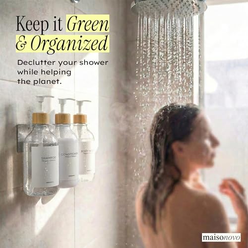 Shampoo and Conditioner Dispenser Wall Mounted Set of 3 Clear Bamboo - No Drill Shower Soap Dispenser for Bathroom Refillable - Spa Hotel Style Accessories by MaisoNovo - color: Clear Bamboo Set of 3