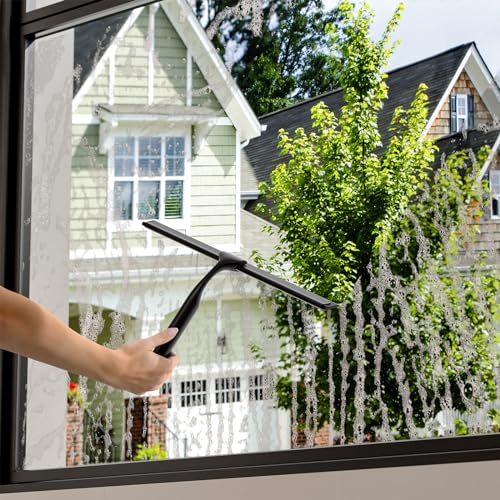 Shower Squeegee for Glass Doors, Shower Squeegee for Tile Shower Walls, Stainless Steel Squeegee for Bathroom, Windows and Mirrors with Storage Hook-12”, Black - color: Black, size: 12