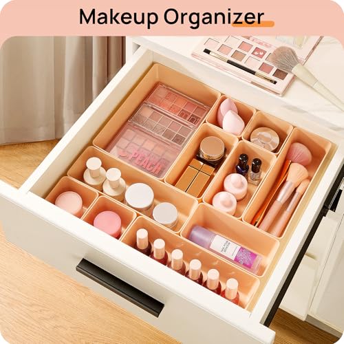 Vtopmart 25 PCS Plastic Drawer Organizers Set, 4-Size Versatile Bathroom and Vanity Drawer Organizer Trays, Storage Bins for Makeup, Bedroom, Kitchen Gadgets Utensils and Office - color: Orange