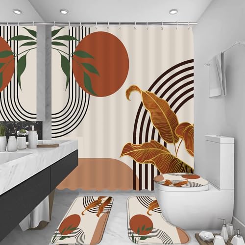LQCOOL 4Pcs Boho Mid Century Shower Curtain Set, Modern Minimalist Bathroom Sets, Abstract Geometric Bathroom Sets with Shower Curtain and Rugs, Shower Curtain with 12 Hooks - color: Brown Black