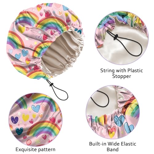 Luxury Shower Cap Silk Satin Lined Waterproof Reusable Adjustable Elastic Dry Hair Bathing Caps Cute for Women Girls-Rainbow - color: C-5-Rainbow