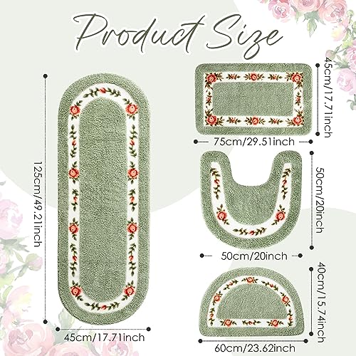 Timgle 4 Pcs Rose Flowers Coquette Bathroom Rugs Set Coquette Doom Decor Rose Flower Area Rugs Non Slip Absorbent Washable Door Mat Floral Bathroom Carpet for Home Hotel, 4 Shapes(Green) - color: Green