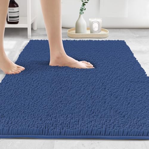 Standard 3pc Set Chenille Bath Mats, Includes 21"x24" U-Shaped Contour Toilet Rug, 21"x34" Inches Bathmat and 1 Toilet Lid Cover, Plush Absorbent Bath Mats Quick Dry, Dark Blue - color: Dark Blue, size: 24"x21", 34"x21" and TLC (Set)