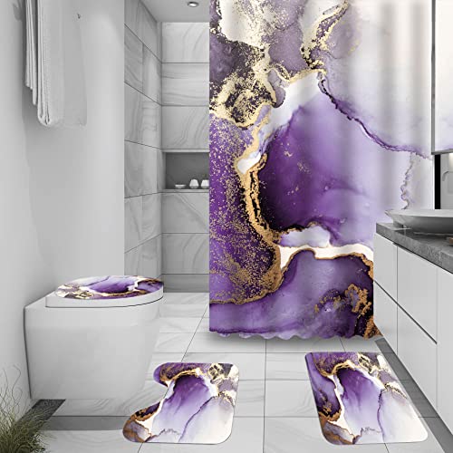 Marble Bathroom Sets with Rugs for Bathroom Decor, 72x72 Inches Gold Shower Curtain with Non-Slip Rugs and Accessories, Waterproof Machine Washable Bath (SC-Sets-purble Gold Marble) - color: Sc-sets-purble Gold Marble
