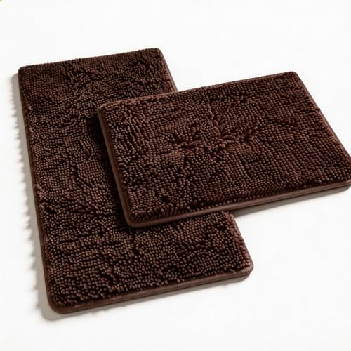RUN HELIX Bathroom Rugs Set Non Slip 2 Piece Bath Rugs Extra Soft Chenille Bathroom Mats Bath Mat Set,Absorbent Shaggy Rugs Perfect Plush Mats Small Rug - color: Brown, size: 32"L x 20"W + 24"L x 16"W