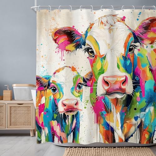 Newsely Farmhosue Highland Cow Shower Curtain 60Wx72L Inch White Background Color Oil Painting Cows Rustic Western Animal Bathroom Set Colorful Waterproof Bath Decoration Accessories Home Decor - color: C-01cow, size: 60"W x 72"L (Pack of 1)
