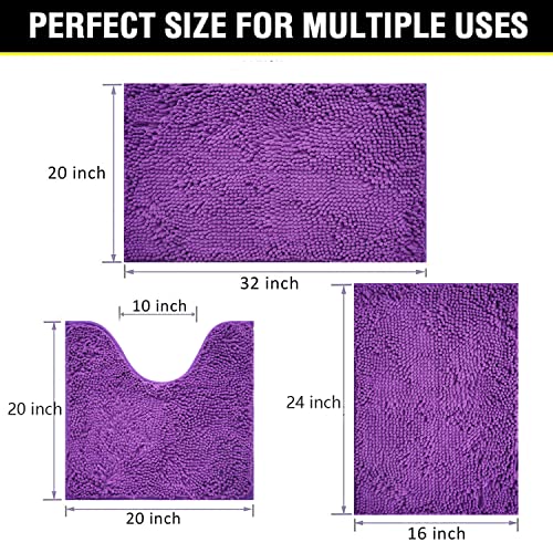 Bathroom Rugs Chenille 3-Piece Extra Soft and Absorbent Shag Bathroom Rugs, Machine Wash Mat, Strong PVC Non-Slip Underside, Plush Carpet Mats (Violet) - color: Violet, size: 2'8" x 1'8" (16x24"+20x32"+20x20"U shape）